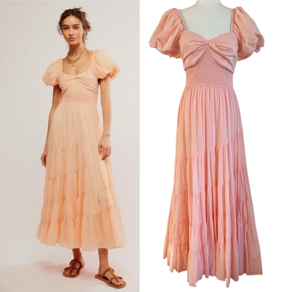 Free People Sundrenched Smocked Puff Sleeve Maxi Dress Tiered Large Milkmaid - Picture 1 of 15